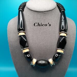 Chico's Chunky Black Beaded Necklace, Cream Silver Beads, 23"